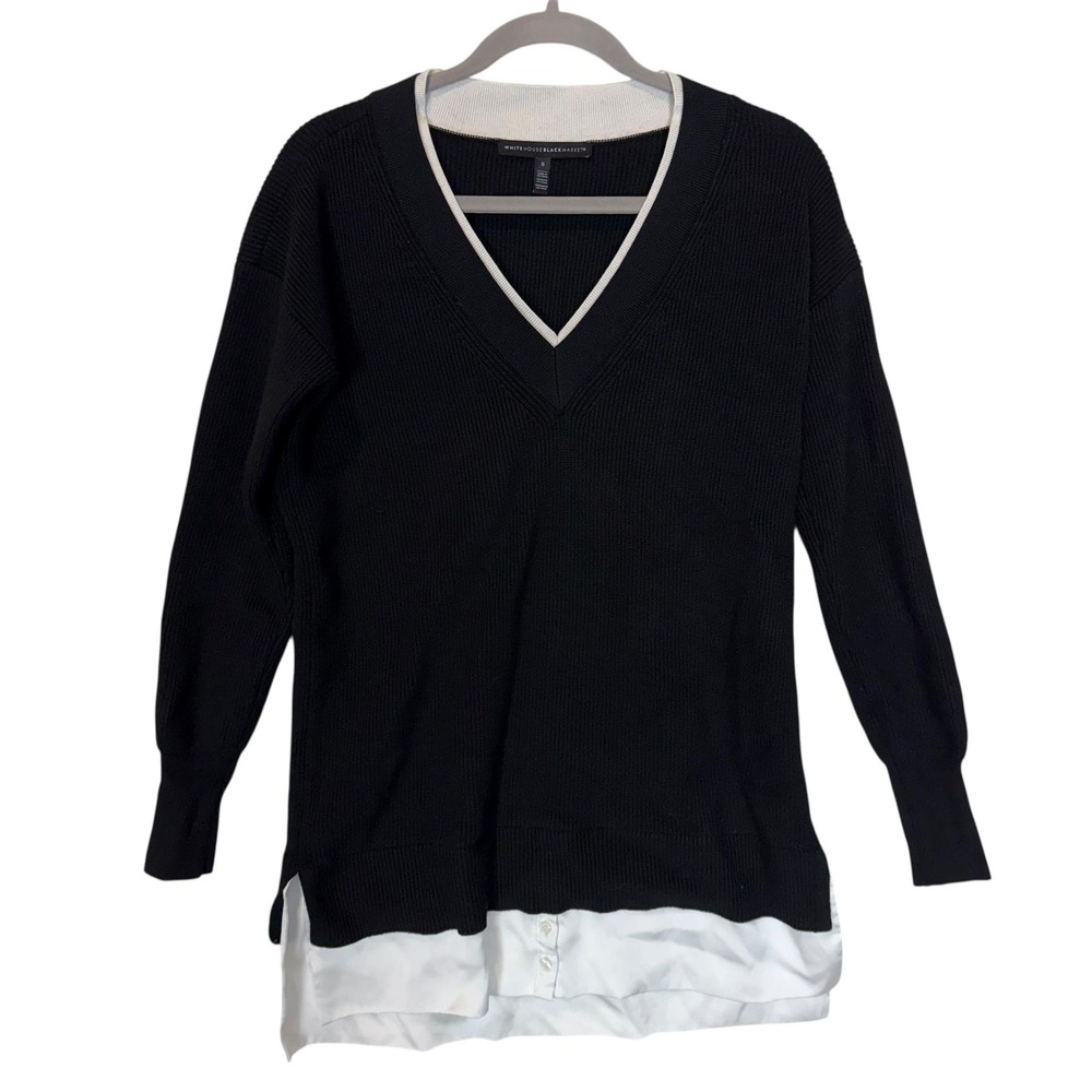 White‎ House Black Market Sweater Womens Small Black V Neck Layered Shirt Hem